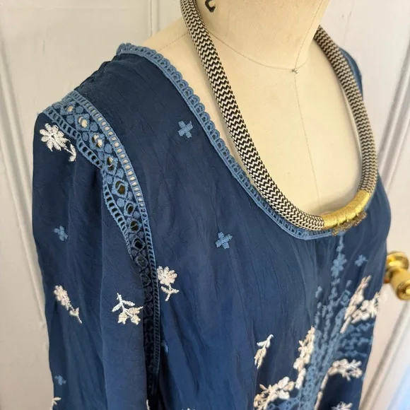 Johnny Was Abella scoop neck blue indigo Embroidered floral lace dress - Picture 4 of 11